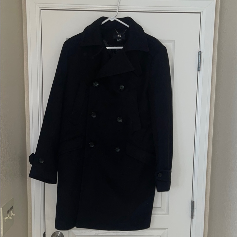 H&M Black Pea Coat Double-Breasted Wool